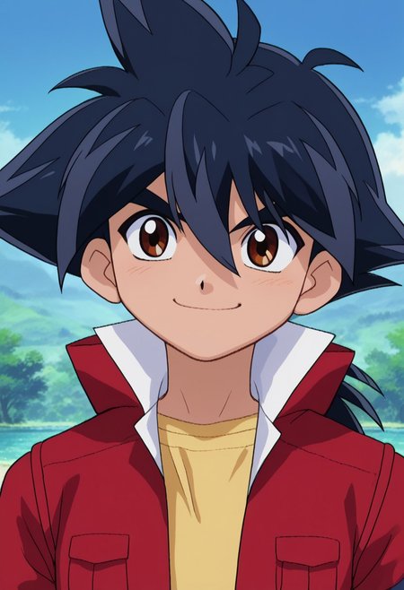 score_9, score_7_up, source_anime
takakinom, 1boy, male focus, solo, brown eyes, black hair, spiked hair,  jacket, red jacket, popped collar, portrait, smile,
outdoor,
