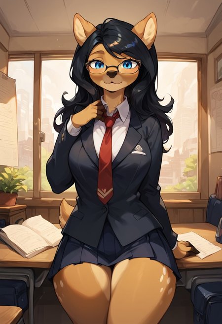 masterpiece, score_9_up, score_8_up, score_7_up, score_6_up, score_5_up, source_anime, (best quality:1.1), ultra-detailed, high resolution, solo, 1girl, Hira Ramachan, anthro, doe, brown fur, fluffy ears, black hair, deer, black deer nose, doe tail, female, long eyelashes, (beautiful detailed blue eyes), glasses, black suit, tie, Thick thighs, bottom heavy, School uniform, mini skirt  BREAK indoors, School, geography map on the wall, indoors, chair, desk, BREAK Highly Visible, sharp focus, perfect lighting, anatomically correct, extremely detailed, high detail, Expressiveh, detailed background, OverallDetail, zPDXL3