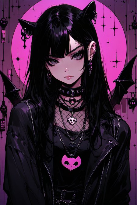 masterpiece, best quality, 1girl, solo, eyelashes, (beautiful eyes),   pink neon,  1girl, solo, long hair, looking at viewer, bangs, black hair, jewelry, jacket, upper body, earrings, wings, horns, choker, necklace, black eyes, cup, chain, piercing, ear piercing, drinking glass, purple background, wine glass, bat (animal), long hair, looking at viewer, black hair, upper body, black eyes, collar, lips, black jacket, black shirt, ear piercing, fishnets, portrait, spikes, purple background, bat (animal), spiked collar  ,<lora:GothRetroIXL:1.0>,
