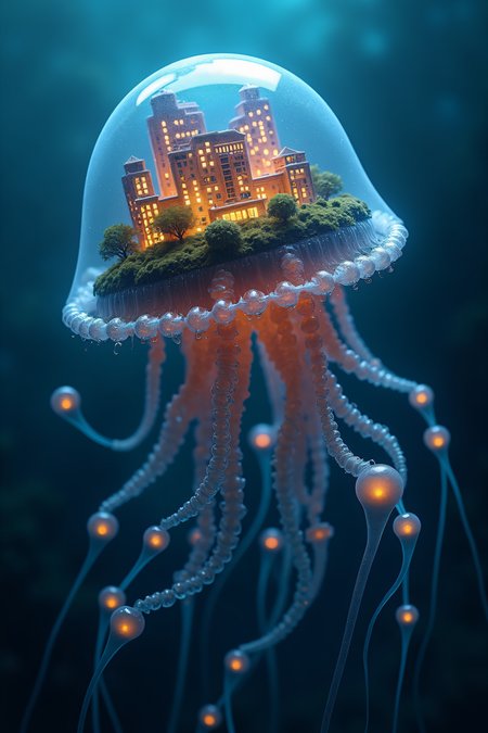 national geographic photography of a swarm of luminescence jelly fish that is swimming in the dark ocean, he transport a glass terrarium with a miniture city in his head, realistic, mechanical vegetal cyborg, futuristic robot organisms, steampunk robot jelly fish, steampunk animal