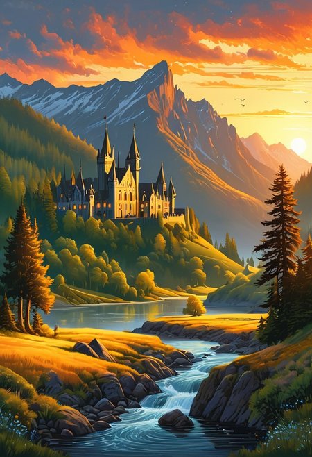 A captivating night scene illustration featuring a beautiful scene of the great out doors in the pacific northwest..   There are great mountains, pine forests, and rivers.  It is an outdoorsman's dream.  This enchanting artwork captures a serene and peaceful night, where the sun is just starting to rise over the beautiful hills and castle which   stands resolute amidst hills of Wales, creating a cinematic experience., illustration, cinematic
<lora:DonM3t3rn1tyXL-v1.1:0.7>, DonM3t3rn1tyXL,
OverallDetailXL  <lora:MJ52:0.3>  <lora:SDXLFaeTastic2400:0.4>  <lora:EpicF4nta5yXL:0.7>
