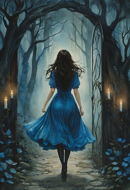 (water-colored), illustration, style of Jessica Galbreth,
(far view, far shot, rear view, facing away:1.3),
(Alice, woman walking, very long dark brown hair,  hair rim lighting, hair in the wind, blue maid dress with short sleeves, black tights, black shoes:1.5), 
fog, dreamy, dream,
(forest, door, night, candles:1.6)