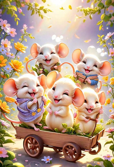 masterpiece,best quality,original,official art,cute mice, purple flower,background,cartoon rendering,beautiful detailed glow, beautiful detailed cute mice ,sunny, creamy flower, happy, big grin, mice drive with little wagon