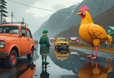 Cinematic, 9:16 shot.
Along a desolated mountain road in Norway, on the left side of the street there is a 12m tall massive yellow robotic chicken. 
On the left side of the street there is also a very bright pink mechanical pig, as tall as the chicken.
On the right side of the road is standing a very bright white robotic polar bear with green socks, 13m tall.
On the right side of the road is also standing a rusty mechanical flamingo, even taller than the chicken.
A old couple (an old man and an old woman) has just parked their family car to admire those ancient mechanical steel animals.
The man is wearing an irish green hat, the woman is dressed as she was cooking but she left the kitchen few minutes ago.
Many details everywhere. Ray-Tracing. Anti-Aliasing. Realistic reflections. Realistic soft shadows.
Slightly desaturated colors. 
Insane quality. Insane resolution. Insane details. Masterpiece.
Life-Like Photorealism. 
16k resolution
By Simon Stalenhag.