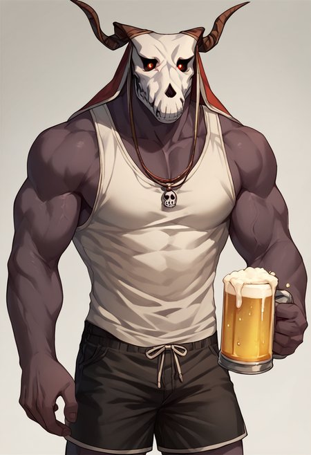 elias, 1boy, horns, solo, skull, male focus, red eyes,looking at viewer, glowing eyes,muscular, score_9, score_8_up, score_7_up, score_6_up, score_5_up, score_4_up, cowboy shot, <lora:EliasAinsworthPony1.0:1>,simple background, tank top, shorts, beer mug,