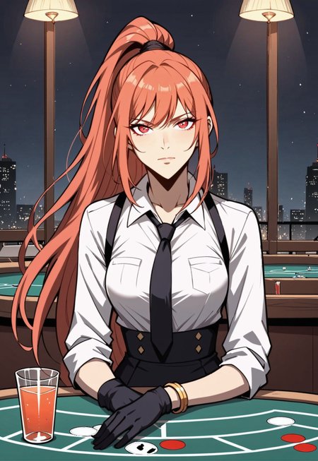 safe_pos, score_9, score_8_up, score_7_up, 1girl, night, indoor, in a casinò, dynamic shot, from high, long legs standing behing a poker table, green table, solo, dynamic pose, Feng Ling, orange hair, red eyes, medium breast, long hair, ponytail, black pants, white shirt, long sleves shirt, black gilet, black neck tie, red heels, gold slim bracelets, black gloves, looking at the viewer, long legs, nice legs, white hips ultra detailed, masterpiece, close up, upper body<lora:add-detail-xl:1>, <lora:StS_PonyXL_Detail_Slider_v1.4_iteration_3:4>