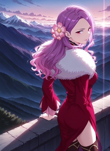 <lora:Hua_Jin__Battle_Through_the_Heavens__Illustrious:1>
1 girl, solo, red eyes, purple hair, pink hair, long hair, red dress, hair ornament, 
fur trim, lipstick, hair flower, thigh boots, 
score_9, score_8_up, score_7_up, source anime, BREAK, cowboy shot, (from side), looking back, looking at viewer, overlooking mountain, high altitude, scenery, exterior, background, (solo), perfect hands