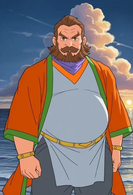 1boy, sunrise, cowboy shot, standing, ocean, serious, facing viewer, night, looking at viewer, cumulonimbus cloud,
BREAK
<lora:Ximen_Hao_from_Shenbingxiaojiang_v1.0:1>
ximenhao, mature male, brown hair, brown eyes, thick mustache, beard, long sideburns, thick eyebrows, belly, fat,
BREAK
orange robe, green trim, white shirt, purple scarf, gold belt, grey pants, gold bracelet,
BREAK
very awa, masterpiece, best quality, absurdres, newest, perfect quality, detailed background, intricate details,