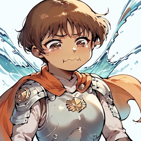 score_9,score_8_up,score_7_up,score_6_up,score_5_up,score_4_up, solo, 1girl, aquacrying, wavy mouth, closed mouth, tearing up, Casca_Def, brown eyes, brown hair, short hair, cape, dark-skinned female, breastplate, red scarf, shoulder armor, water splash, flying ribbons, face focus, upper body