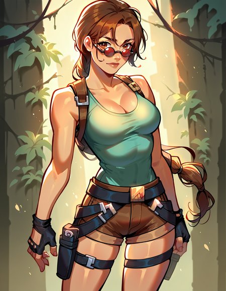 source_anime, score_9, score_8_up, score_7_up,
laracroftxl, 1girl, solo, fingerless gloves, holster, cleavage, short shorts, tinted eyewear, medium breasts, thigh holster
 <lora:LoraCroftxl:1>