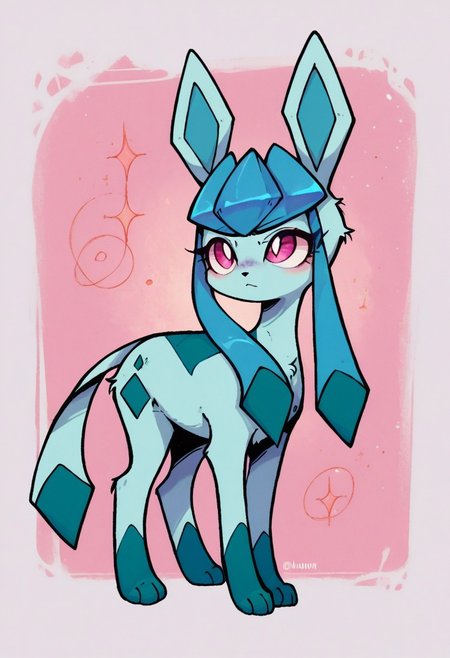 score_9, score_8_up, score_7_up, valbun, expressiveh, 
solo, full body, three quarter view, glaceon, feral, light blue fur, pink eyes, eyelashes, 
abstract background,