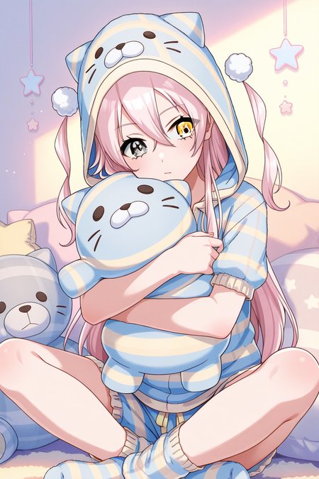 masterpiece, best quality, amazing quality,
 <lora:Lumina_IL:1> lumina, 1girl. solo, sitting, hood, heterochromia, long hair, yellow eyes, socks, stuffed toy, star (symbol), pink hair, indian style, object hug, animal hood, pajamas, bangs, short sleeves, hoodie, stuffed animal, hood up, hair between eyes, grey eyes, plaid, loungewear, striped