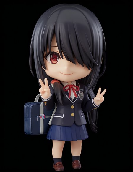 score_9, score_8_up, score_7_up, source_anime, kurumitokisaki, <lora:kurumi-tokisaki-ponyxl-lora-nochekaiser:0.5>, kurumi tokisaki school uniform, tokisaki kurumi, long hair, skirt, black hair, red eyes, long sleeves, ribbon, school uniform, jacket, pleated skirt, bag, hair over one eye, blue skirt, blazer, school bag, black blazer, hair over shoulder, ponytail, low-tied ponytail, medium breasts
<lora:nendoroid-figurines-ponyxl-lora-nochekaiser:1>, nendoroid, 1girl, solo, chibi, 3d, smile, v, v over eye,