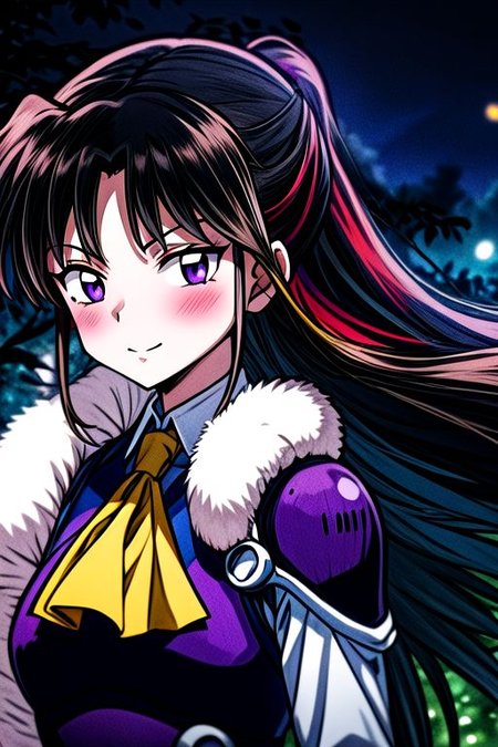 masterpiece,  best quality 1girl Setsun4 solo long hair,  (night time) forest background black hair very long hair purple eyes multicolored hair armor (fur trim) (medium body),<lora:EMS-179-EMS:0.800000>,<lora:EMS-293862-EMS:0.800000> bow, hair_bow, hair_tubes, red_bow, brown_hair, long_hair, bangs, ascot, frilled_bow, yellow_ascot, blush, smile, hair_between_eyes, athletic