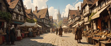 Bustling medieval marketplace in Bohemian town square, 1403. Half-timbered houses with steep thatched roofs surround cobblestone plaza. Colorful merchant stalls display spices, fabrics, and handcrafted goods. Peasants in earth-toned homespun garments haggle with traders. Noblemen in fur-trimmed cloaks and pointed shoes stroll by. Smell of fresh bread and roasted meats wafts from nearby tavern. Wooden carts laden with produce. Church spire looms in background. Intricate details on period-accurate clothing and architecture. Warm golden sunlight bathes scene. Atmospheric depth, rich textures. 8k resolution, hyperrealistic, masterpiece quality. <lora:Niji V2B:0.7> <lora:é»è²å¹»æ³_1.0:0.6> <lora:MoriiMee_Gothic_Niji_Style_FLUX:0.8> <lora:aidmaWomanBodyTattoo-FLUX-V0.1:0.4> <lora:aidmaBaldursGate3-FLUX-v0.1:0.5> <lora:Semi-realisticPortraitPainting:0.2> <lora:flux_dev:1>
