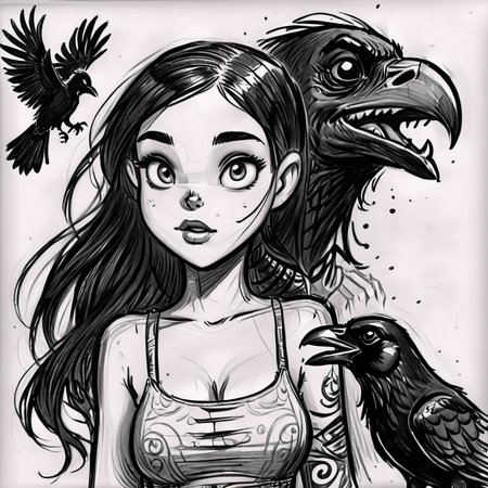 drawix18 girl and raven, black ink, very detailed <lora:drawix18:0.8>