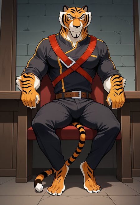 masterpiece,best quality,amazing quality, 1boy, solo, 3l j3f3, tiger boy, orange fur, brown eyes, black suit, red chest harnesses, brown belt, red belt chest harness, full body, barefoot,