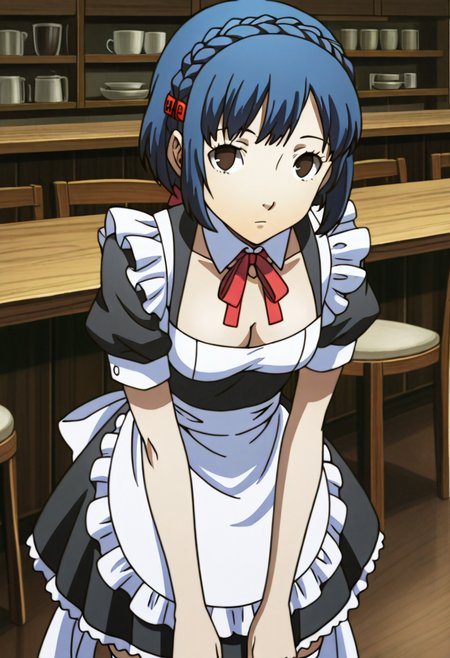 1 girl, solo, cute face,
p4aika, short hair, blue hair, hair ornament, crown braid,
maid uniform, small breasts, cleavage, white thighhighs, zettai ryouiki,
looking at viewer, expressionless,
inside, cafe, 
masterpiece, best quality, ultra detailed,