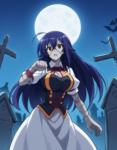 score_9, score_8_up, score_7_up, source_anime, <lora:medaka-kurokami-s2-ponyxl-lora-nochekaiser:1>, medaka kurokami, long hair, large breasts, blue hair, ahoge, brown eyes,, <lora:zombie-ponyxl-lora-nochekaiser:1>, zombie, colored skin, stitches, grey skin, multicolored skin, stitched face, zombie pose, halloween, halloween costume,, night, moon, graveyard, tombstone, grave, open mouth, , dutch angle, cowboy shot