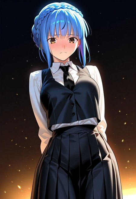 ((masterpiece, best quality, amazing quality, very aesthetic, absurdres)), 
Takeuchi takashi, ((solo)), peaceful, worried, closed mouth, 1girl, (medium breasts, thin waist, wide hips), ((marianne_fire_emblem)), (((blue hair, brown eyes))), ((short hair, braided hair)), (((white shirt, collared shirt, black tie, black vest, long skirt, black skirt))), no background, dark background, sideshot, cowboy shot, dark background, portrait,