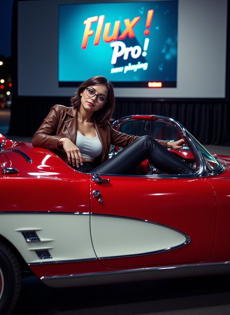She is approximately 18 years old. photoshoot poses, dynamic angles, multiple angles, photoshoot poses; a photo of N00dl3s, she is wearing glasses, a brown leather jacket and white shirt, black leather pants. She is sitting in a classic red and white corvette convertable, she is at a drive in theatre, on the screen it reads "Flux Pro! Now playing", She is smiling and looking at the camera. Atmospheric, Ultra Detailed, the scene is one of action. illustrious quality, deep rich colors, excellent composition ,making this image a masterpiece of photography and digital art. realistic. Style: realistic hyper-detailed rendering, 32k UHD, expressive eyes, punk, graphic design, girl's face, pretty and cute, gleaming lips, telling a tale of adventure. Exuding confidence and serenity. The overall mood of the image is happy and relaxed,detailed skin texture,(blush:0.2),(goosebumps:0.3),subsurface scattering,with a playful and whimsical tone. Perfection style.aidmafluxpro1.1