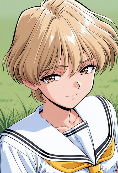 nishikawa_maki, brown eyes, blonde hair, short hair, school uniform, serafuku, white sailor collar, yellow neckerchief, white shirt, short sleeves, <lora:Graduation_nishikawa_maki_illustrious_ver1:0.8> 
closed mouth, light smile,, masterpiece, best quality, sensitive,, 1girl, solo, blue sky, (grasslands:1.2), looking at viewer,, (upper body:1.2), (close-up:1.2), (facing viewer:1.2), (open eyes:1.4), (portrait:1.2)
