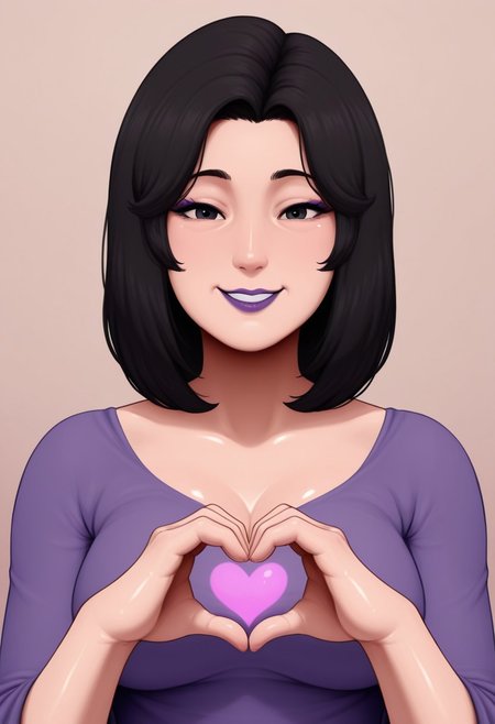 , 1girl, solo, medium build, medium hair, sfw, safe for work, covered skin, flowy dress,  black eyes, purple lipgloss, smiling, portrait, upper body, heart hands, mature female, foreshortening, detailed, newest, shiny skin, cowboy angle, solo focus, medium breasts, jlullabby