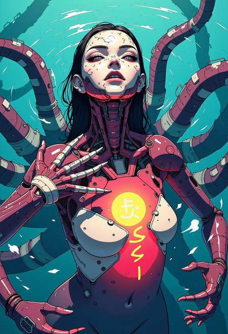 anime, cyberpunk, Detailed, vibrant, high contrast, horror, half turn shot, floating on water closed eyes, very tilted head, menacing expression, zoom in on face, medium breasts, view form above, looking up into the camera, monster woman, smooth ceramic head with cracks, eldrich monster body with tentacle legs, dynamic pose, four hands, wet intricate slimy tentacles, reflective skin, visible detailed joints, upper body shot, wet skin, black tentacle monster body, in the water, dark waters in the night, upside down extremely detailed skin, skin mixed with robotic parts, steam-core, bright core in the chest reveals heart in the vat, intricate pipes, ceramic doll-like hands, silky tentacles,