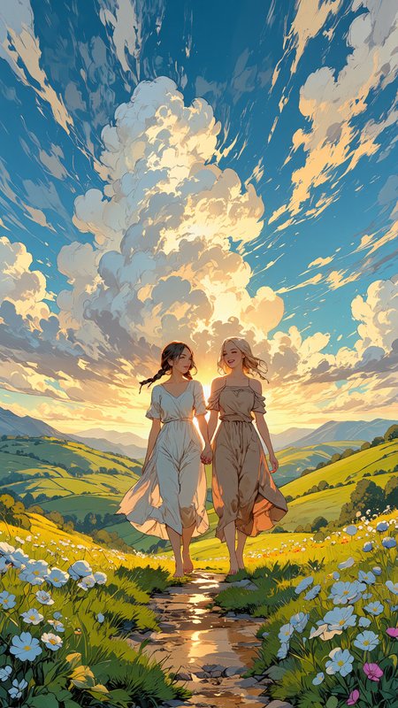 High-resolution semi-realistic anime-style illustration with impressionist painting influences. Two women walk hand in hand along a sunlit meadow path, their fingers intertwined as they enjoy the fresh spring breeze rustling through the wildflowers. Above them, soft, billowing clouds drift across a vast blue sky, the golden sunlight breaking through in warm, glowing beams that dance across the rolling green hills.
One woman, with chestnut-brown hair styled into loose twin braids, wears a light, flowing sundress in soft pastel tones, the fabric catching the breeze. The other, a blonde with wavy, shoulder-length hair, wears a delicate off-the-shoulder blouse paired with a high-waisted skirt, her barefoot steps brushing through the dewy grass.
Their expressions are filled with warmth and joy, sharing a soft laugh as they pause to take in the sky. The painterly brushstrokes and soft, blended spring palette enhance the sense of freedom and serenity, capturing a moment of pure happiness, nature, and blooming life beneath the open sky. <lora:FluxMythV2:1.0> <lora:PinkieSoftcoreAnimeFLUX:0.8> <lora:Anime_v1.3:0.8>