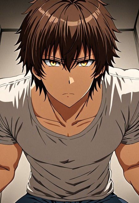 high resolution, solo, best quality, 1Boy, Seiya Kanie, Brownish Hair, kabedon POV, T-Shirt, OverallDetail