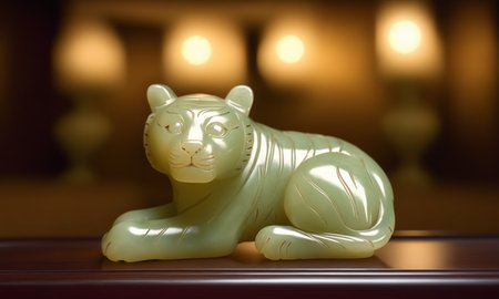 cinematic film still <lora:jadecarvingcd_xl-000007:0.8>,a statue of a tiger made of (jadecarvingcd_xl,jade carving,translucent) on floor,no humans,long-focus,indoors,chinese zodiac,wooden table,cutie,cute,still life,animal statue,front view,facing viewer,looking at viewer . shallow depth of field, vignette, highly detailed, high budget, bokeh, cinemascope, moody, epic, gorgeous, film grain, grainy, 8K, HDR, UHD, masterpiece, best quality, highly detailed, high resolution, finely detail, extremely detailed, ultra detailed, wallpaper