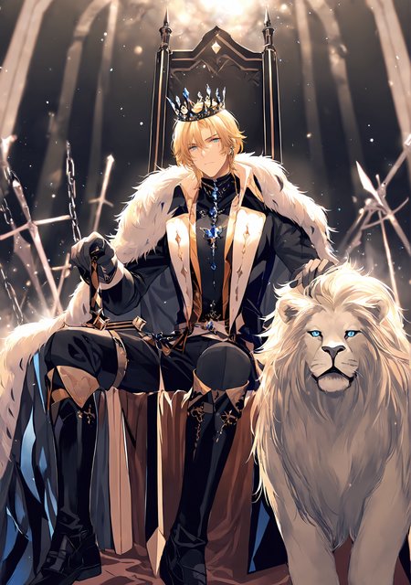 masterpiece,best quality,<lora:fat-noob05:1>,
lovebrush chronicles,lars rorschach,throne,1boy,male focus,planted,crown,sword,planted sword,weapon,sitting,crossed legs,boots,solo,looking at viewer,blue eyes,fur trim,pants,blonde hair,cape,black footwear,gem,black shirt,shirt,jewelry,gloves,black pants,bangs,black gloves,closed mouth,short hair,long sleeves,hair between eyes,wolf,lion,earrings,light particles,hand on hilt,knee boots,coat,blue gemstone,fur-trimmed cape,belt,chain,glint,cloak,cross,