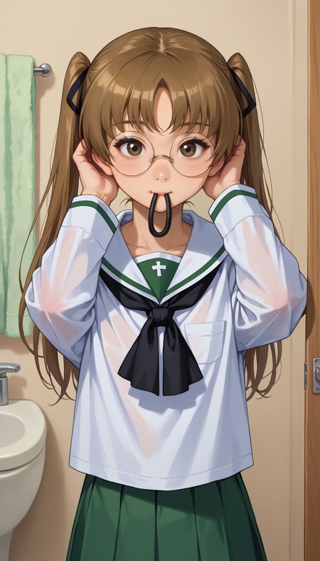 score_9, score_8_up, score_7_up, score_6_up, , solo, 20yo woman, (Beuty:1.1) , (cute:1.3), ,perfecteyes , seductive smile,perfect (photo realistic:1.2), (simple background:1.1),
 <lora:GUPAya :1>, GUPAya , 1girl, glasses, brown hair, twintails, green skirt, brown eyes, pleated skirt, ooarai school uniform, long hair, white shirt, mouth hold, mirror, bathroom, long sleeves, black ribbon, serafuku, miniskirt, hair ribbon, tying hair, standing, towel, cowboy shot, round eyewear, indoors, blouse, reflection, adjusting hair, black neckerchief, rimless eyewear, sailor collar