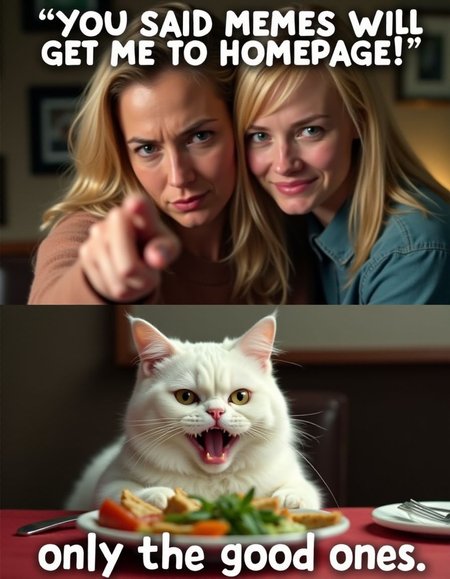 on the top half of image floating english text "you said memes will get me to homepage!" written with big white letters
,on the top half of image two women
,on the top half of image first woman is blonde and crying and angrily pointing index finger at viewer
,on the top half of image second woman is expressionless brunete hugging first woman from behind
, on the bottom half of image is a white grumpy cat with open mouth sitting behind restaurant table with a food plate on it, cat's ears are down, cat is irritated
, on the bottom half of image floating english text "only the good ones" written with big white letters