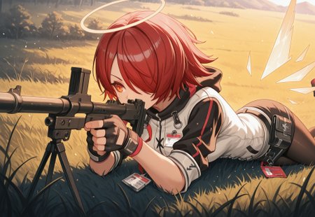 masterpiece, best quality, very aesthetic, absurdres,1girl, exidef, detached wings, energy wings, short hair, red hair, hair over one eye, halo, orange eyes, white jacket, id card, black belt, belt pouch, short sleeves, raglan sleeves, black gloves, fingerless gloves, black skirt, miniskirt, black pantyhose, brenmk1, aiming, prone, outdoor, grass-field, daytime, 