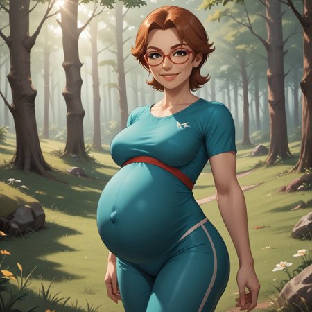 score_9, score_8, BREAK, solo, wii, mii, wii sports, 1girl, female mii, black eyes, auburn hair, brown eyebrows,  red glasses, lips, dark green clothing, black pants, shoes, nintendo mii, modern_mii, classic_mii, breasts, yoshi_(wii_sports), adult female, mature female, breasts, (((pregnant))), sexy pose, self portrait, smile, outdoors, sunlight, shadows, evening lighting, natural lighting, forest, trees, grass, orange sky, sunset