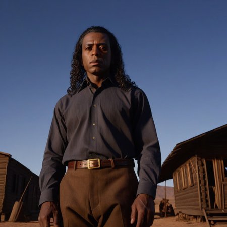 cinematic film still, lifestyle shot
saturated colors,  
negative space, 
1 adult man, 
RDR2Charles, black hair, brown eyes, long hair, dark skin
(breaking bad style), face of Gus Fring, dark complexion, black hair,  curly hair, elegant shirt, clean shaven
leading lines, ray tracing, 
backdrop is a cowboy camp in 1899, 11am.