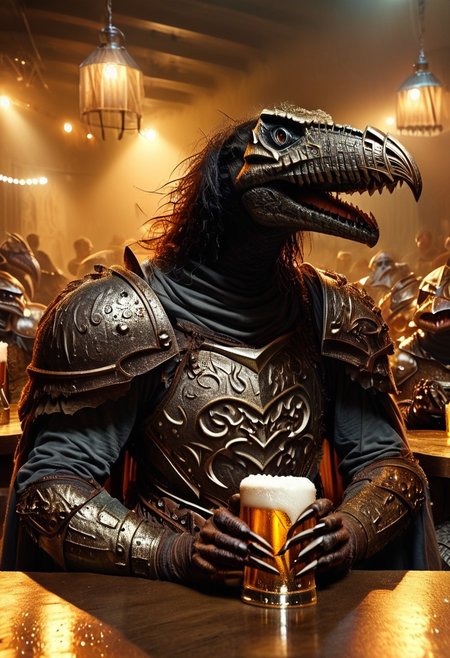 score_9, score_8_up, score_7_up, skeksis, solo, multiple boys, claws, bulky, strong, no humans, (armor, shoulder armor, helmet, holding beer:1.7),   dark body, (realistic lighting, photo, photorealistic:1.7), drunk, pub background, sitting on stool, (laughing, open mouth)