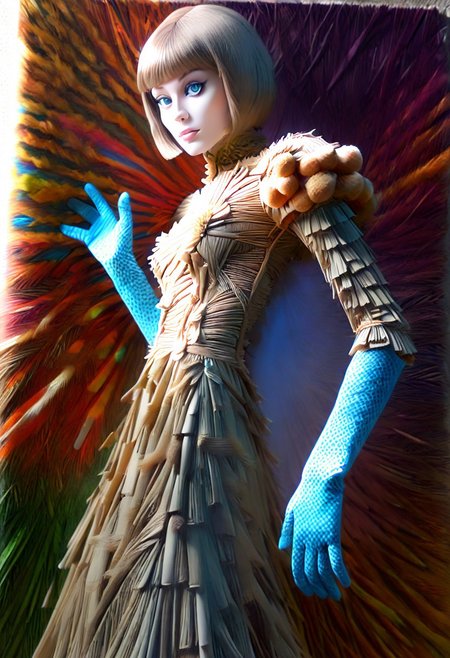 Straw thread, straw, Score_9, score_8_up, score_7_up, (masterpiece),(1character), semi side view, (beautiful:1.4), straw dress, psychedelic swirls, vibrant hues, bold patterns, power fashion, swinging sixties, Retro Vogue Cover, kaleidoscopic dreams. highly intricate, 60s, hyper detailed, photorealistic, (black elbow gloves), dim128/128test.