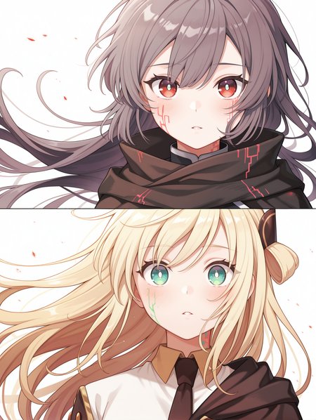2girls, comic, looking at viewer, upper body, blush, floating hair, parted lips, closed mouth, white pupils, sidelocks, sky striker ace - raye, ordinary uniform, brown hair ornament, white cropped jacket, brown necktie, simple background, white background, green glitch tattoo, sky striker ace - roze, black military uniform, black gloves, red glitch tattoo, brown cloak,
masterpiece,best quality,amazing quality,very aesthetic,absurdres,newest,<lora:Sky striker ace - Raye & Roze illusXL v1.1:0.71>,
