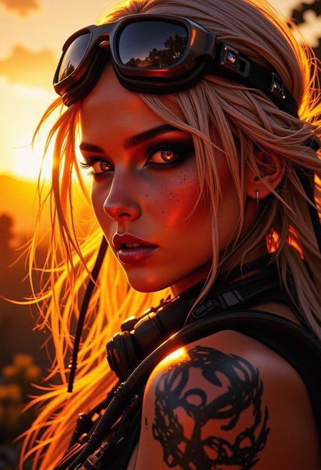 closeup side portrait of a Female jungle explorer, expressive pink lips, dark eyeshadow, shaggy blonde hair, sunset, silhouetted, chiascuro, on alien dusty planet