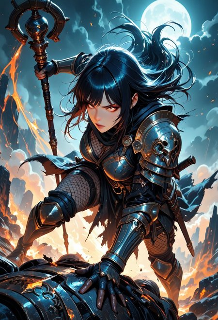 (masterpiece), (best quality), (8k),
1girl, beautiful, breasts, battle scarred, damaged armor, fishnets under armor, bangs, long hair, plated armour, holding staff, battle stance, dynamic angle, ancient fantasy city, battle-ready stance, dynamic pose, at night, moonlight, riding a nimbus cloud, nimbus, wukong theme, directional lighting, viewed from above,