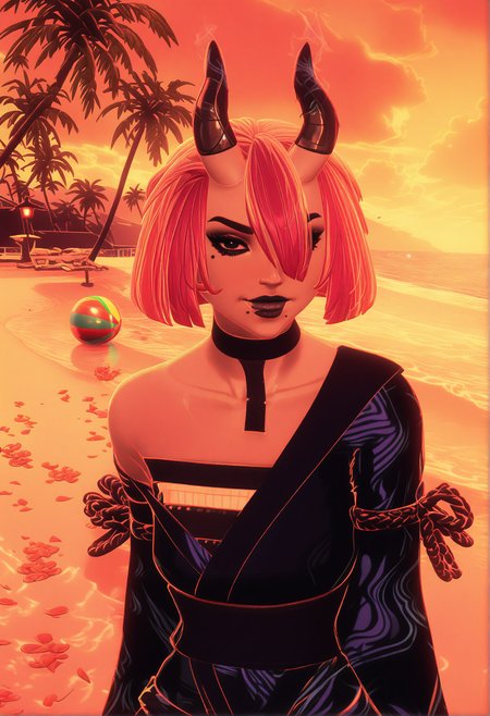 GLSHS,delicate colors,partially illuminated, (masterpiece, absurdres, very awa:1.4), golden hour, orange theme, sunset, beach, rocks, beach ball, sand, palm tree, smug, looking at viewer, female focus, (portrait:1.3), fortnitevoidburnnightrosedefault, 1girl, short hair, bob cut, bangs, blunt bangs, red hair, multicolored hair, two-tone hair, hair over one eye, hair between eyes, black eyes, black sclera, black lips, makeup, lipstick, closed mouth, mole, moles, mole under mouth, moles under mouth, collarbone, bare shoulders, off shoulder, choker, black choker, horns, oni horns, demon horns, animal ears, gloves, black gloves, kimono, black kimono, japanese clothes, sash, obi, wide sleeves, long sleeves, dress, black dress, pants, black pants, boots, black footwear, cross-laced footwear, high heels, breasts,  water, wet skin, towel draped around body, cleavage, steam, gentle ripples in water, warm lantern glow, flower petals floating on water, <lora:GLSHS-IL:1.3>,  <lora:Fortnite_The_Night_Rose_All_Outfits_ILXL:1.1>, <lora:dmd2_sdxl_4step_lora:1>
