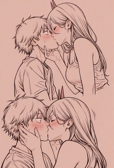 masterpiece, best quality, amazing quality, very aesthetic, 1girl(Power), 1boy(Denji), (Chainsaw Man), closed eyes, surprised, blush, bare shoulders, kiss, romantic, surprise kiss, hands on another's face