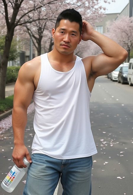 The picture is photorealistic. The man's face is htkang face. The man's body is muscular, bara shaped. The man is naturally holding water transparent bottler to drink up water. The man is walking on the city street in Korea. The cherryblossom petals are falling on the street. The picture describes portrait closely. The man is very masculine. The man is wearing loose white tanktop. The man has puffy nipples and hairy armpits. The man's one hand is scratching his head.