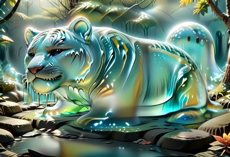 animal_guardian, tiger, a white tiger with black stripes, Tiger made out of slime, slime tiger in a jungle, jungle made out of slime, 
natural light, no bright spots, 
((translucent slime)), ((transparent slime)), made of water, (bioluminescent slime), sl1m3, slime, slime-morph, ais-blmn, saturated colors, no creatures, no humans, no monsters, no pokemon, watce, je11y, gummymorph