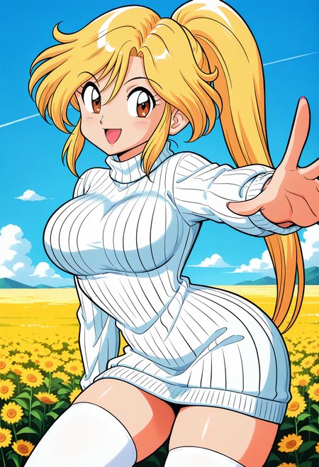 sagiri, retro artstyle, 1990s \(style\), brown eyes, blonde hair, long hair, ponytail, sweater dress, ribbed sweater, white sweater, turtleneck, long sleeves, white thighhighs, zettai ryouiki, <lora:sagiri_illustrious_ver1:0.8>
smile, open mouth,  1girl, solo, (field:1.2), (blue sky:1.2), looking at viewer,, masterpiece, best quality, general,, (cowboy shot, dynamic pose:1.4),