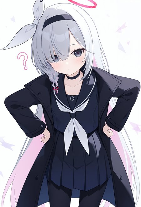 ,plana \(blue archive\), 1girl, solo, long hair, looking at viewer, blush, simple background, skirt, long sleeves, white background, closed mouth, very long hair, school uniform, collarbone, white hair, pink hair, grey hair, braid, multicolored hair, pantyhose, pleated skirt, hairband, open clothes, choker, serafuku, black skirt, sailor collar, hair over one eye, black eyes, halo, coat, black pantyhose, grey eyes, neckerchief, single braid, black choker, black hairband, ?, colored inner hair, black coat, black sailor collar, open coat, black serafuku, hands on own hips, pink halo, red halo, white neckerchief, red pupils, pink pupils,<lora:TestTestTest!\trained-000150.safetensors:0.95:1>,,embedding:lazypos, masterpiece,best quality,newest,absurdres,highres,very awa,detail background <lora:None:0.30000000000000004>