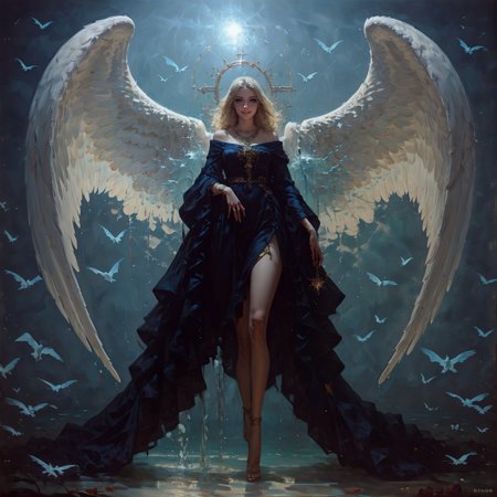 score_9, score_8_up, score_7_up,  woman, angelic, curvy, perfect curves, blue eyes, smile, gold jewelry, standing, intricate, large wings, otherworldly beauty, transfiguration, ceremonial white robe, blue trim, fringe, legs, feet, hovering, over blue water, sunlight, ocean, (atmospheric perspective:1.3), blonde hair, legs apart  <lora:sdxl/pony_twilight_style:0.8> <lora:sdxl/pony_vixon_gothic_oil_style:0.7> d4rk01l