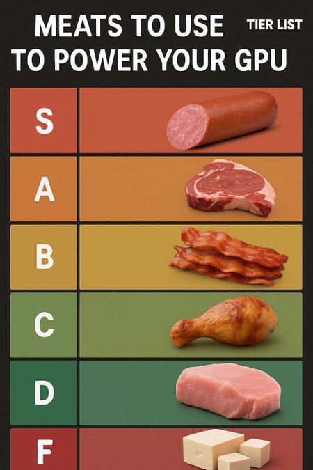 Tier list (with title) for meats to use to power your GPU with salami being S tier and tofu being F tier